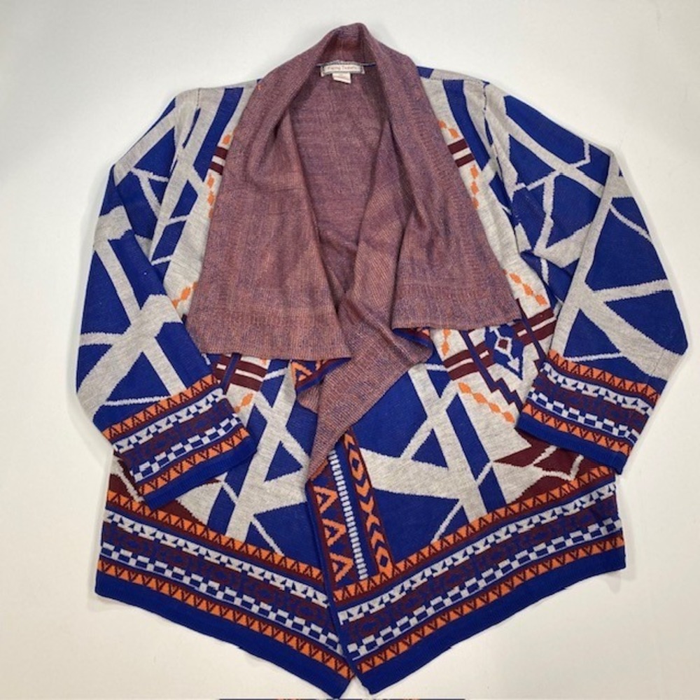 Flying Tomato Blue, Gray, Rust & Mauve Geometric Open Cardigan